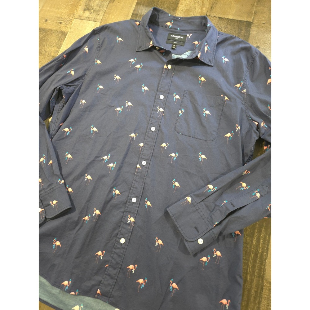 Bonobos Stretch Slim Fit XXL Navy Blue Pink Flamingo Print Long Sleeve Button Up